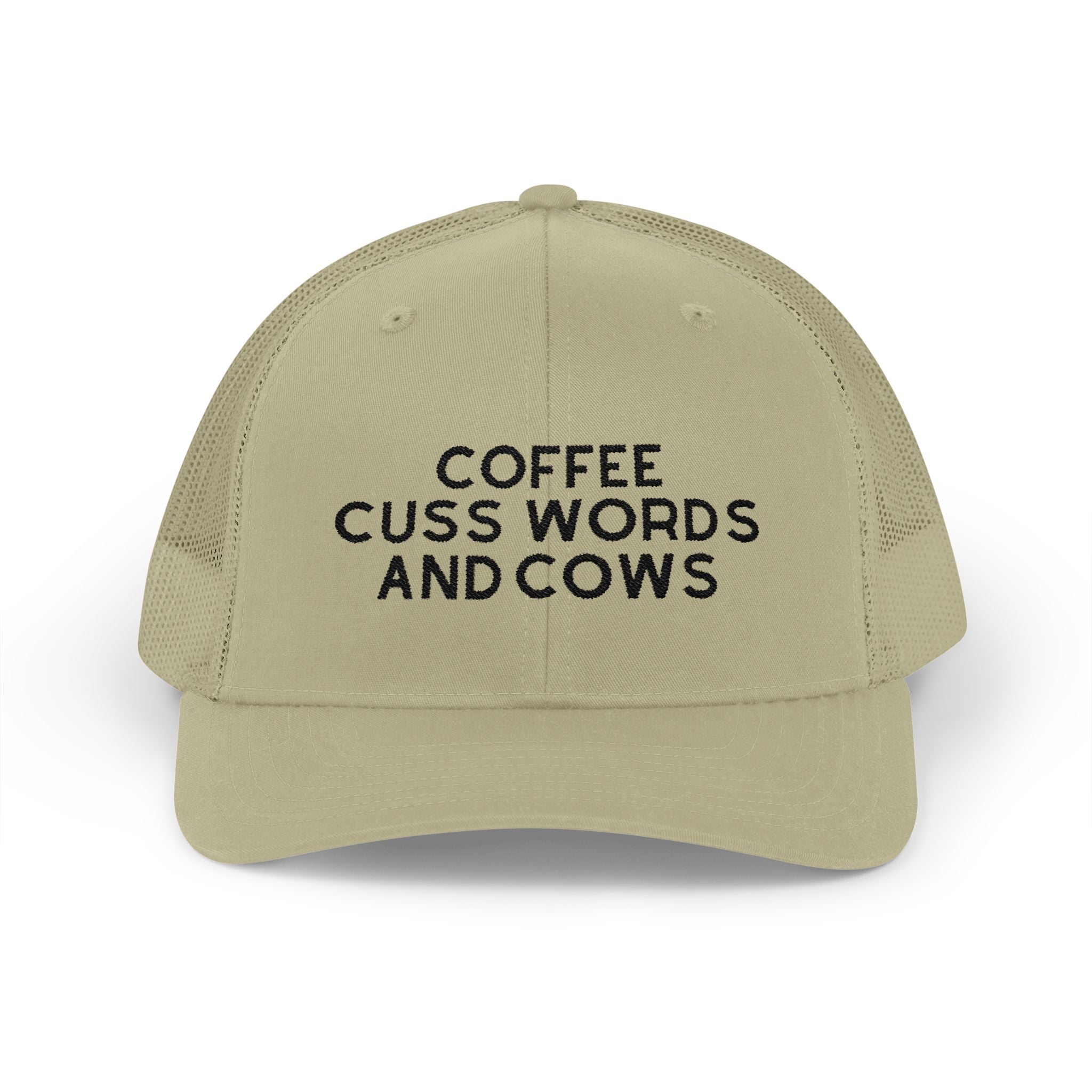 Coffee Cuss Words and Cows Trucker Hat Embroidered TCC Hat The Cinchy Cowgirl - Print Khaki