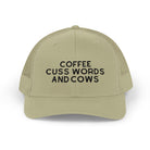 Coffee Cuss Words and Cows Trucker Hat Embroidered TCC Hat The Cinchy Cowgirl - Print Khaki
