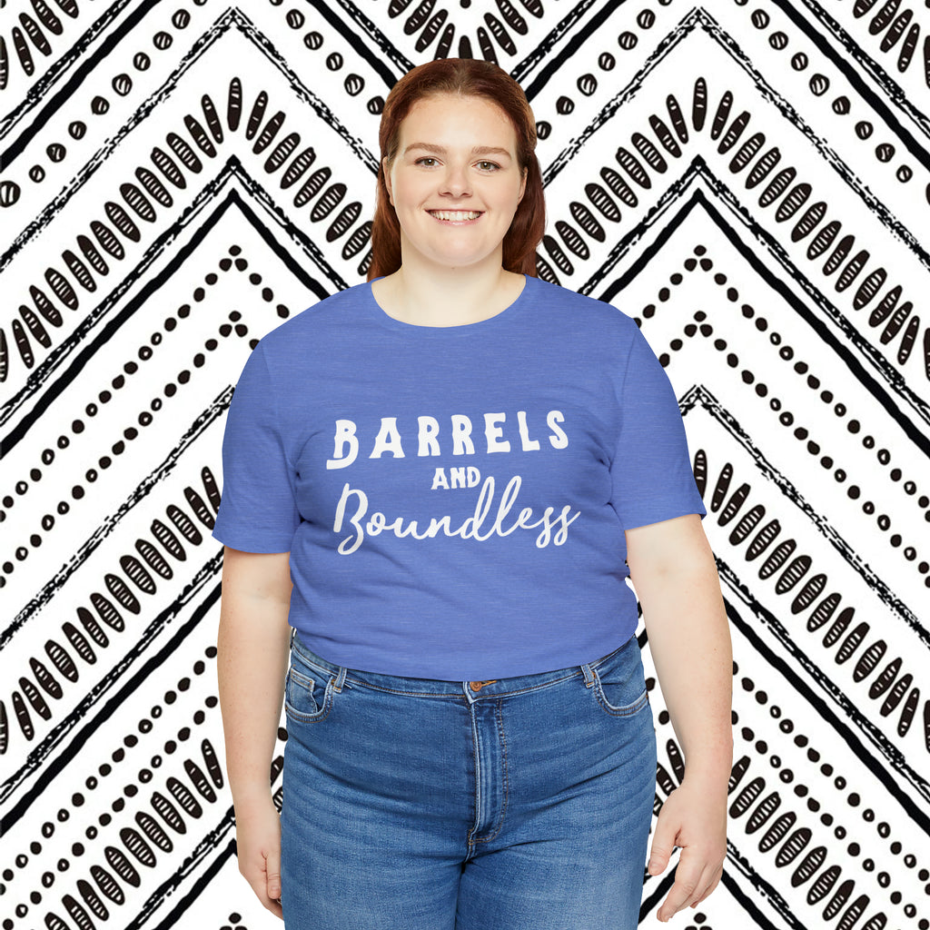 Blue plus size short sleeve with white lettering reading "Barrels and Boundless".
