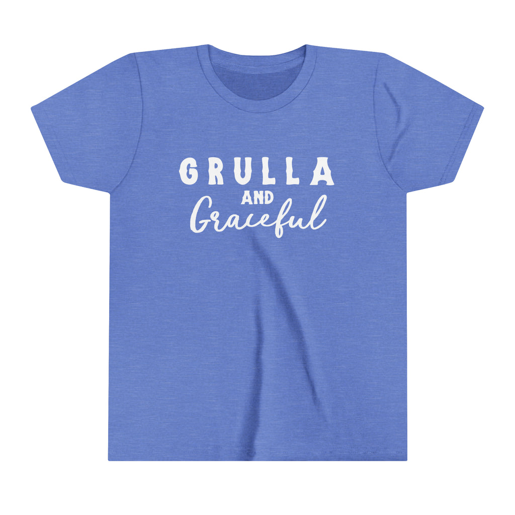 Blue youth short sleeve white white lettering reading "Grulla and Graceful". 
