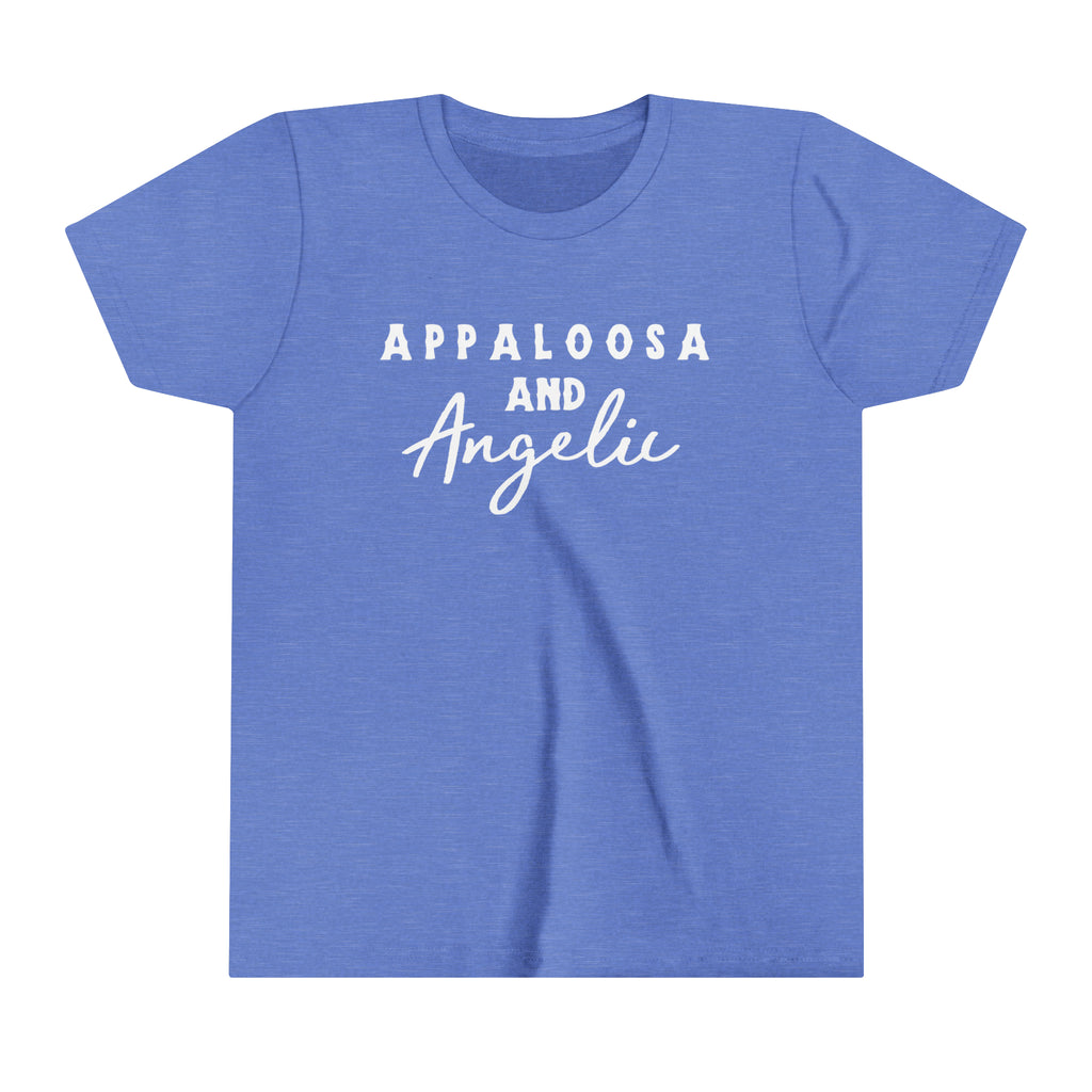 Western blue youth short sleeve with white lettering that reads "Appaloosa & Angelic".