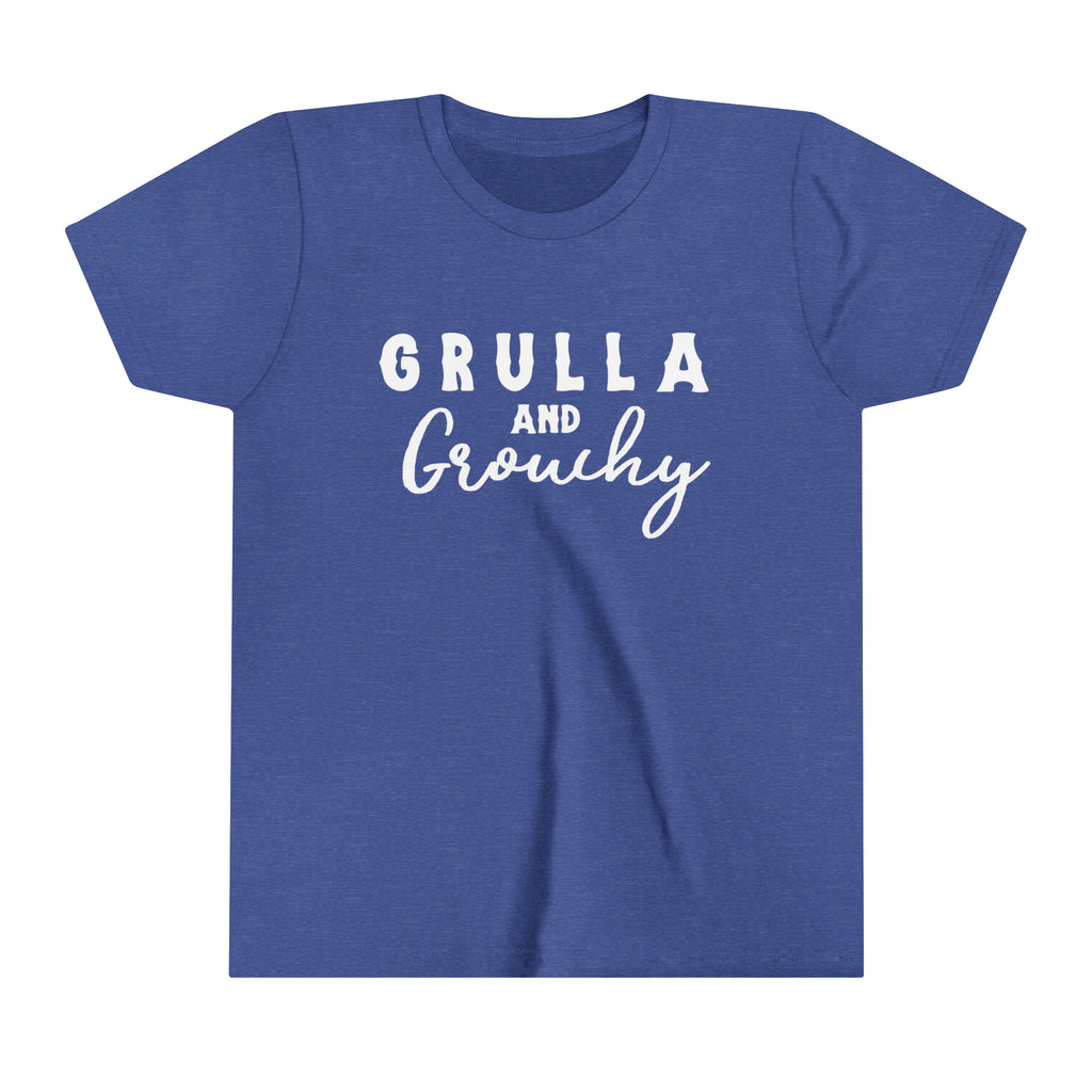 Royal blue youth short sleeve with white lettering reading "Grulla and Grouchy".