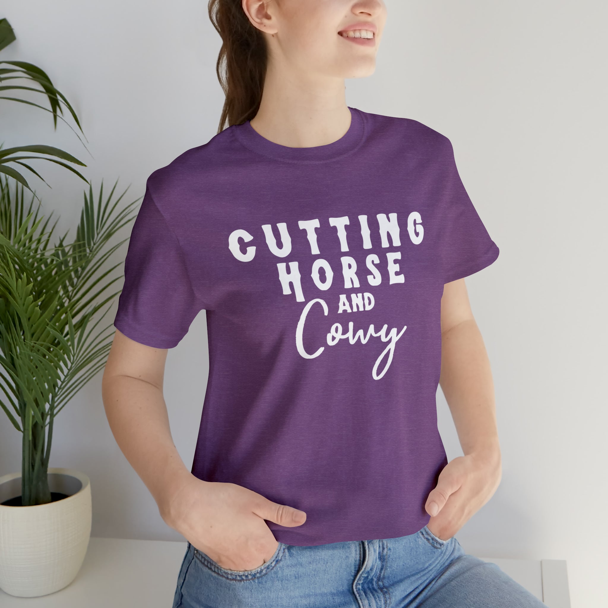 Cutting Horse & Cowy Short Sleeve Tee Horse Riding Discipline Tee Printify Heather Team Purple XS 