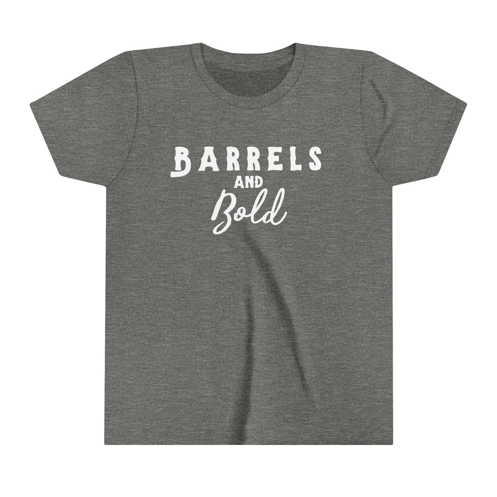 Grey youth short sleeve tee with white lettering reading "Barrels and Blessed".
