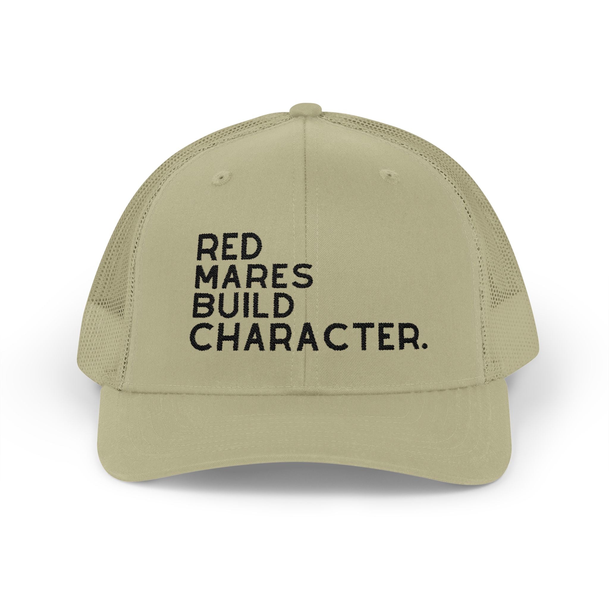 Red Mares Build Character Trucker Hat Embroidered TCC Hat The Cinchy Cowgirl - Print Khaki