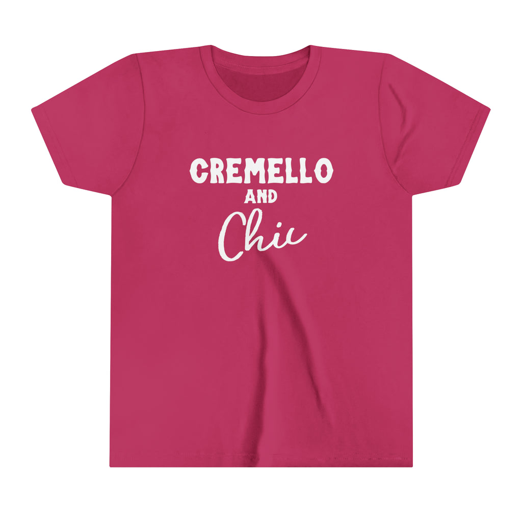 berry youth short sleeve with white lettering reading "Cremello and Chic".