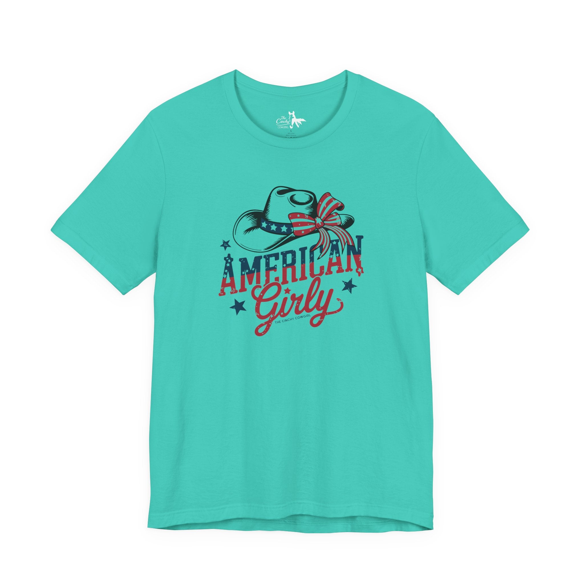 Patriotic American Girly Short Sleeve Tee Graphic Tee The Cinchy Cowgirl - Print Teal XS
