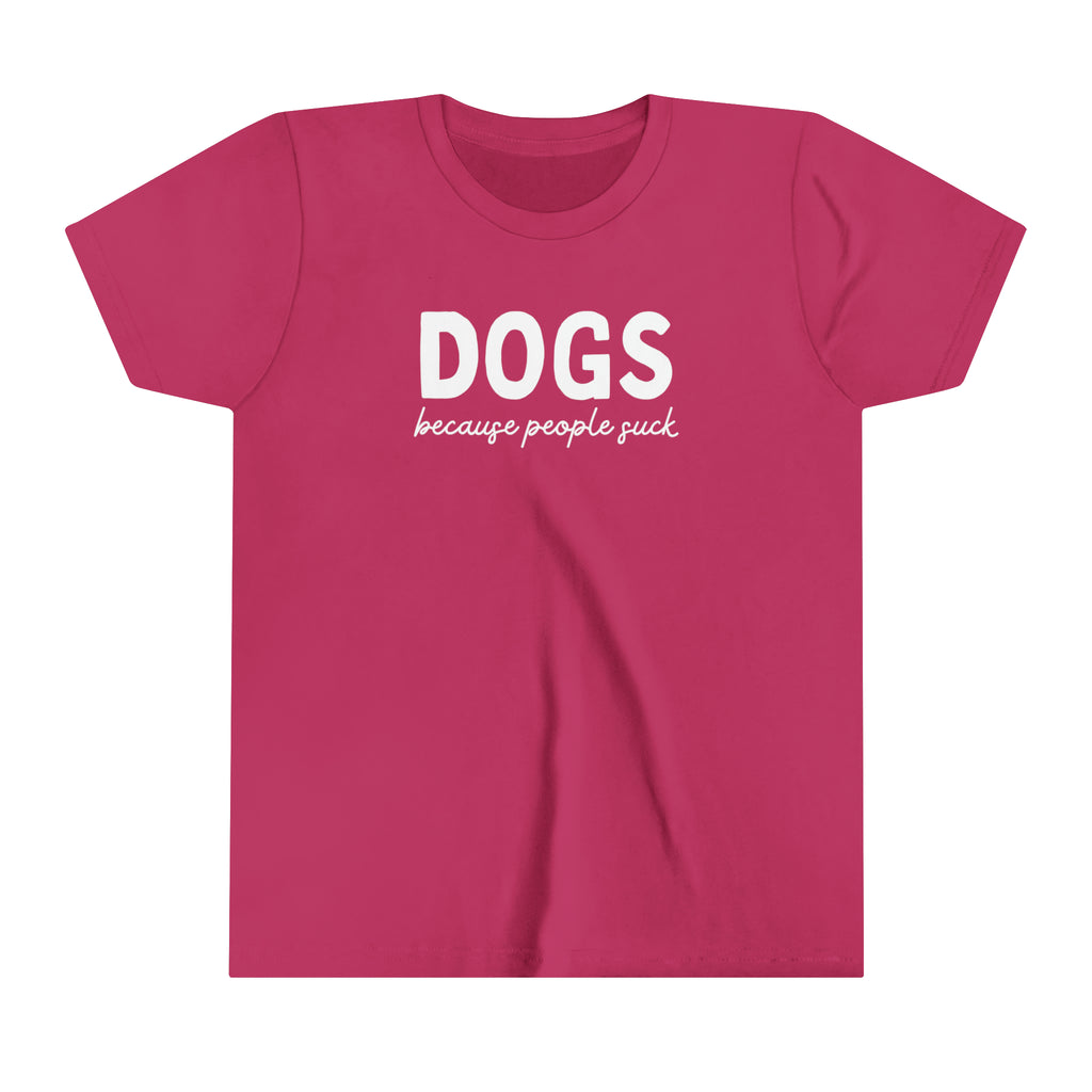 Berry youth short sleeve with black lettering reading "Dog mom of the Freakin Year". 