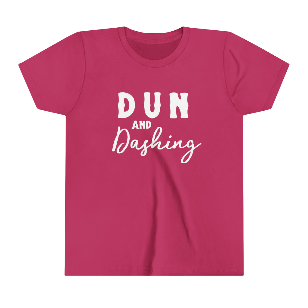 Berry youth short sleeve with white lettering reading "Dun and Dashing". 