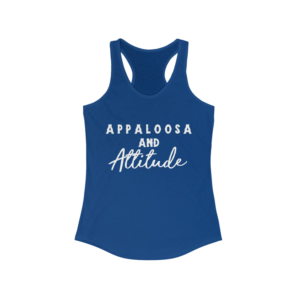Western royal blue tank top with white lettering that reads "Appaloosa & Attitude".