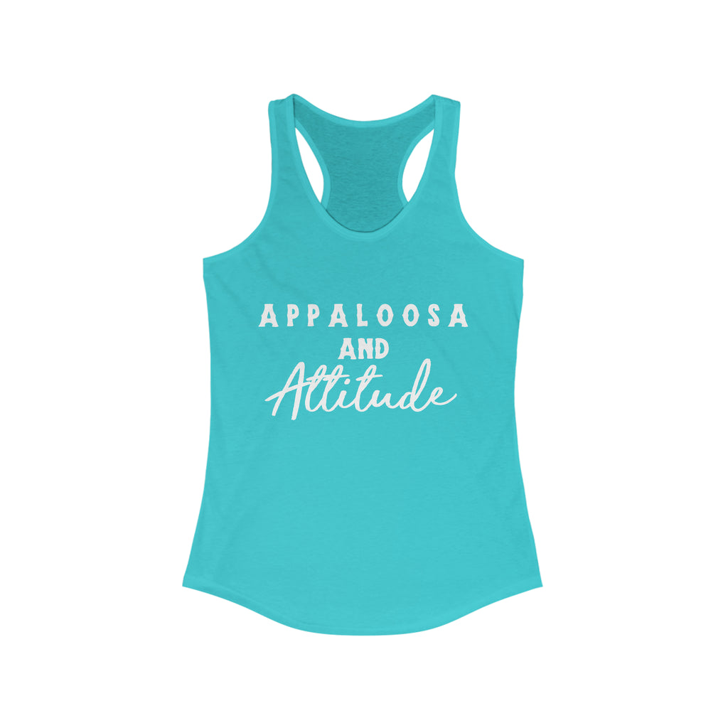 Western teal tank top with white lettering that reads "Appaloosa & Attitude".
