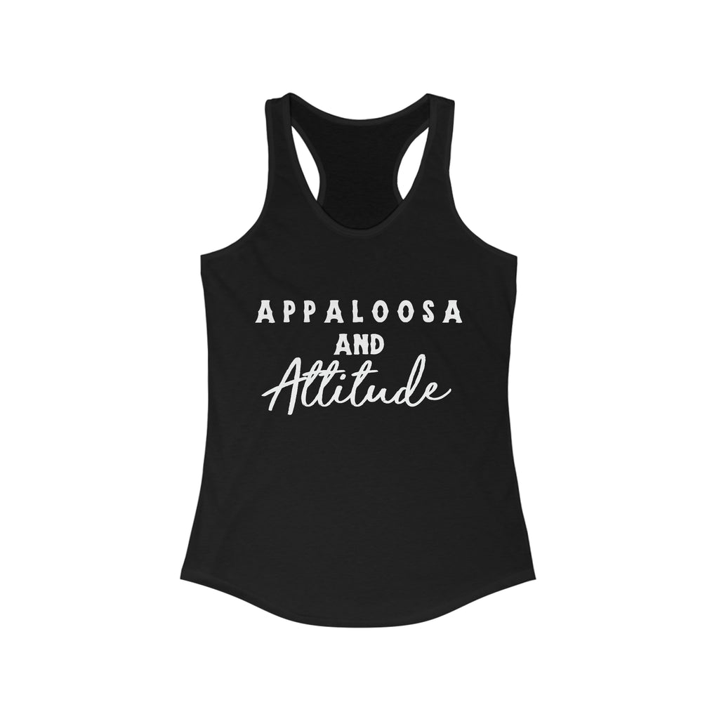Western black tank top with white lettering that reads "Appaloosa & Attitude".