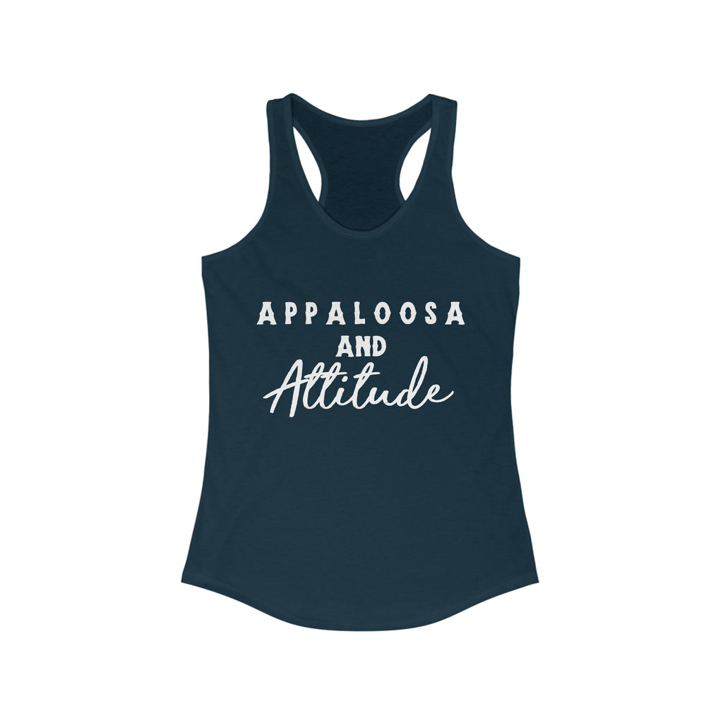 Western navy tank top with white lettering that reads "Appaloosa & Attitude".