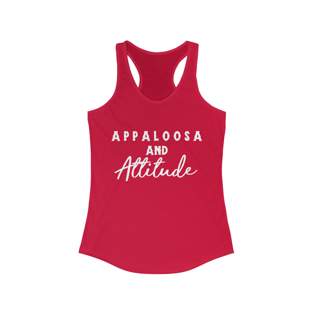 Western red tank top with white lettering that reads "Appaloosa & Attitude".