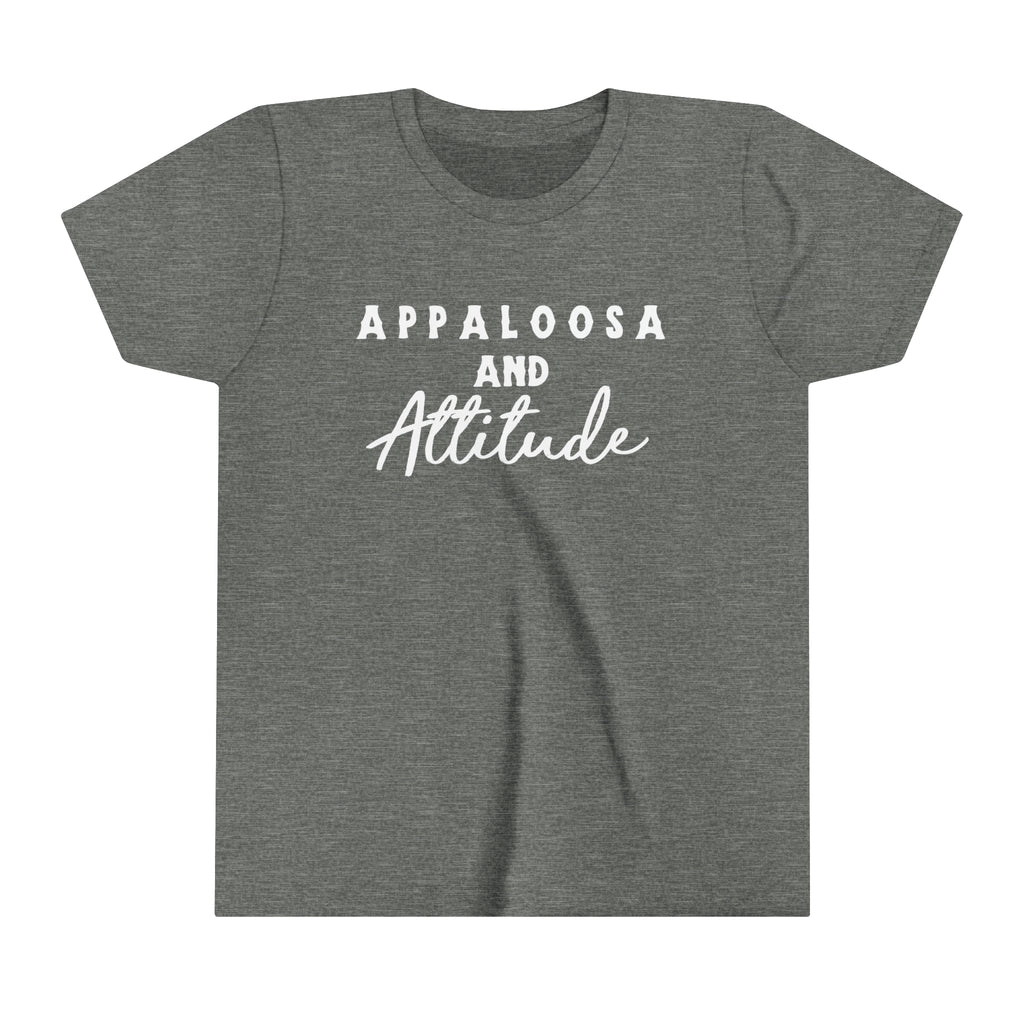 Western grey youth short sleeve with white lettering that reads "Appaloosa & Attitude".