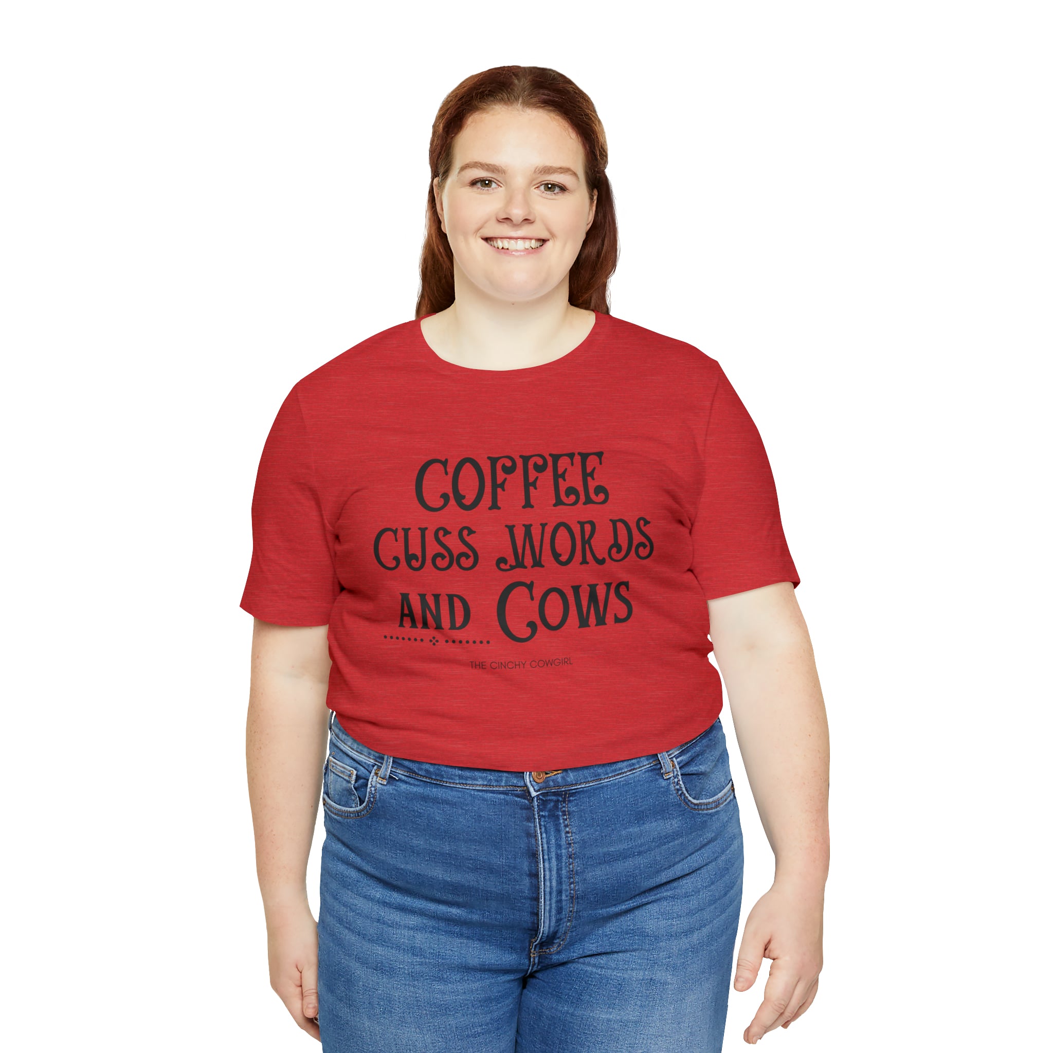 Coffee Cuss Words & Cows Short Sleeve Graphic Tee T-Shirt The Cinchy Cowgirl - Print Heather Red S