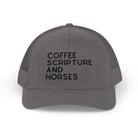 Embroidered Coffee Scripture and Horses Trucker Hat [23 Colors] Embroidered TCC Hat The Cinchy Cowgirl - Print Charcoal