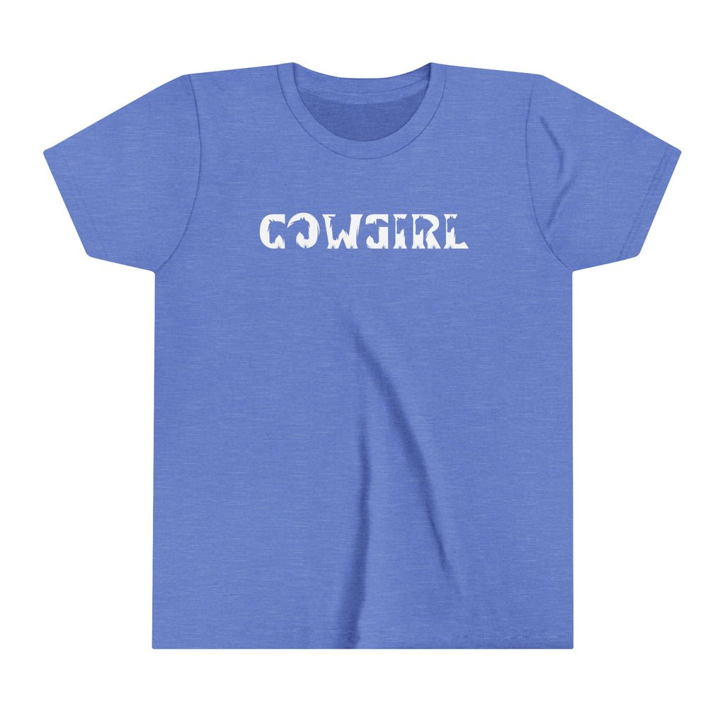 Blue youth short sleeve with black lettering reading "Cowgirl" with horse head cut outs in the lettering.