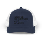 Embroidered Coffee Scripture and Horses Trucker Hat [23 Colors] Embroidered TCC Hat The Cinchy Cowgirl - Print Navy / White