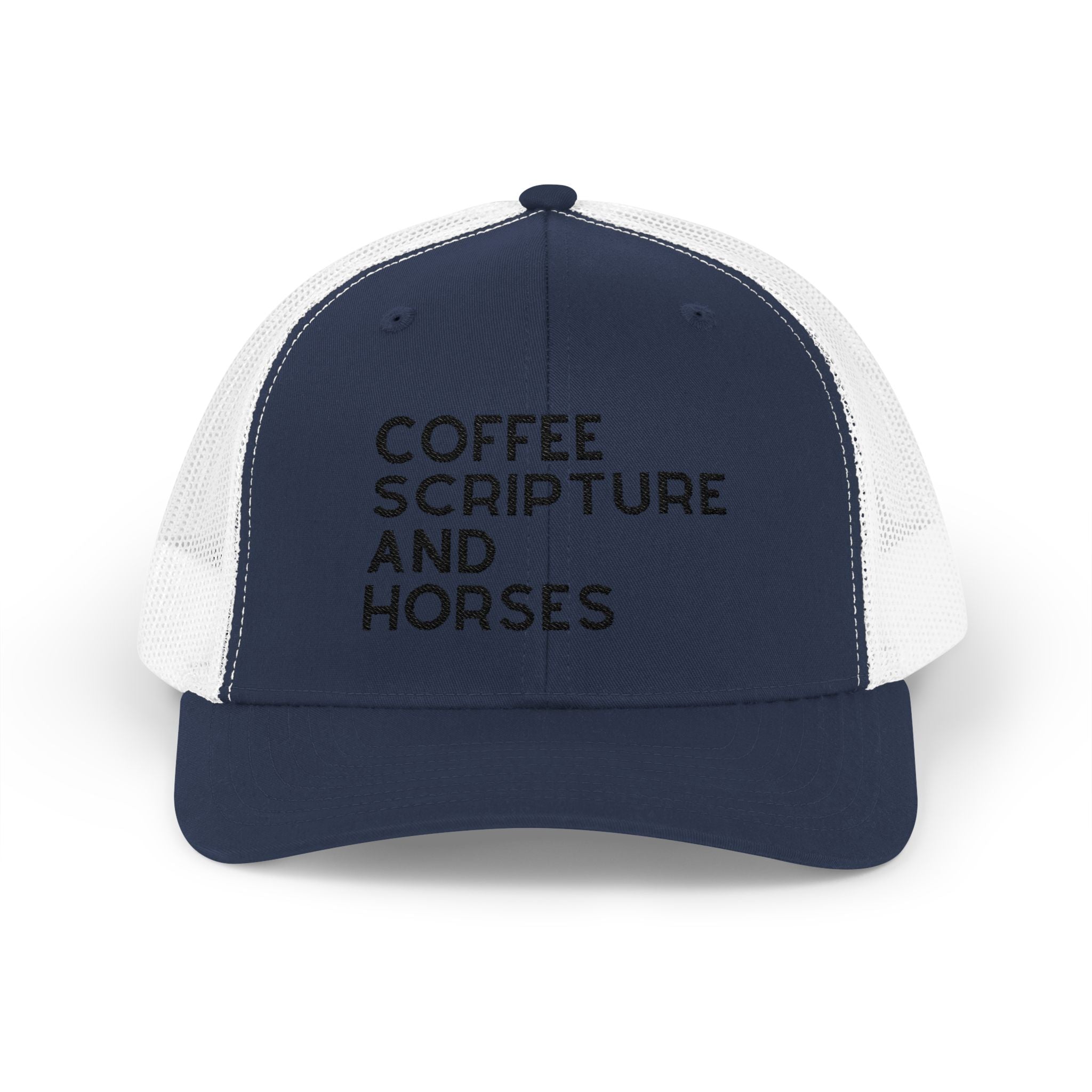 Embroidered Coffee Scripture and Horses Trucker Hat [23 Colors] Embroidered TCC Hat The Cinchy Cowgirl - Print Navy / White