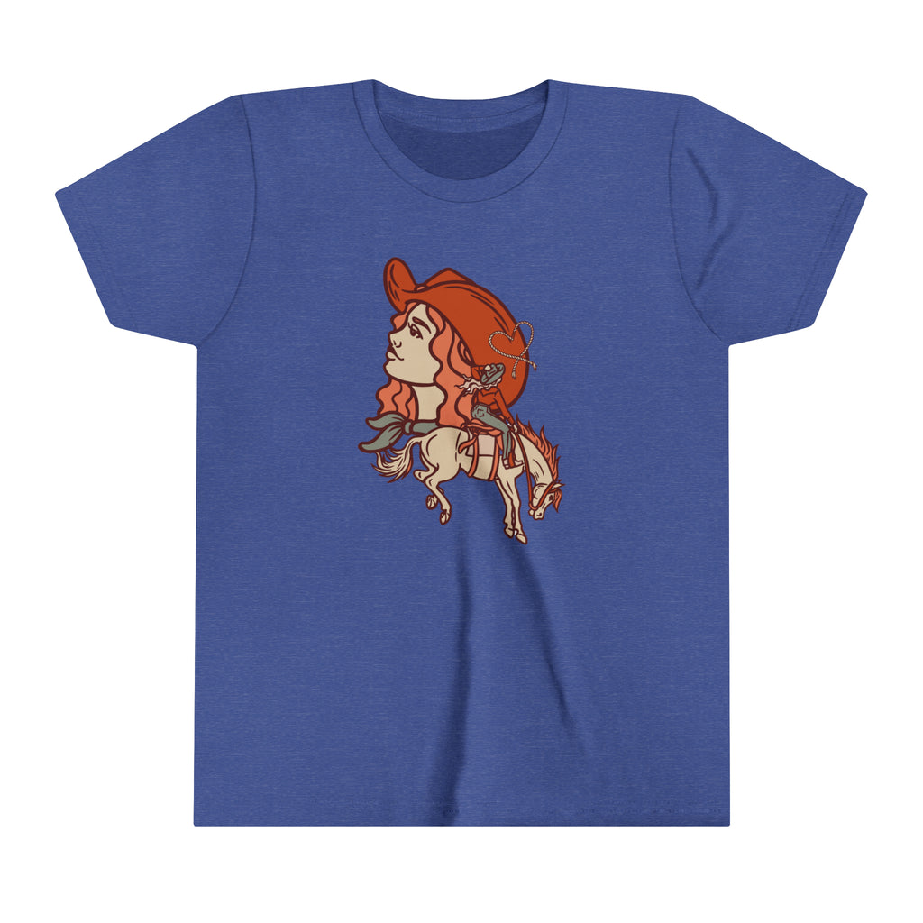 Royal youth short sleeve with a cowgirl printed design and bronc horse with a cowgirl showing a cowgirl's personality. 