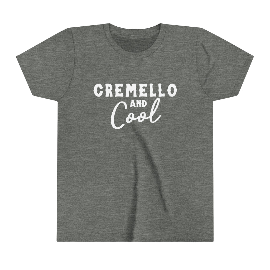 Grey youth short sleeve tee with white lettering reading "Cremello and Cool". 