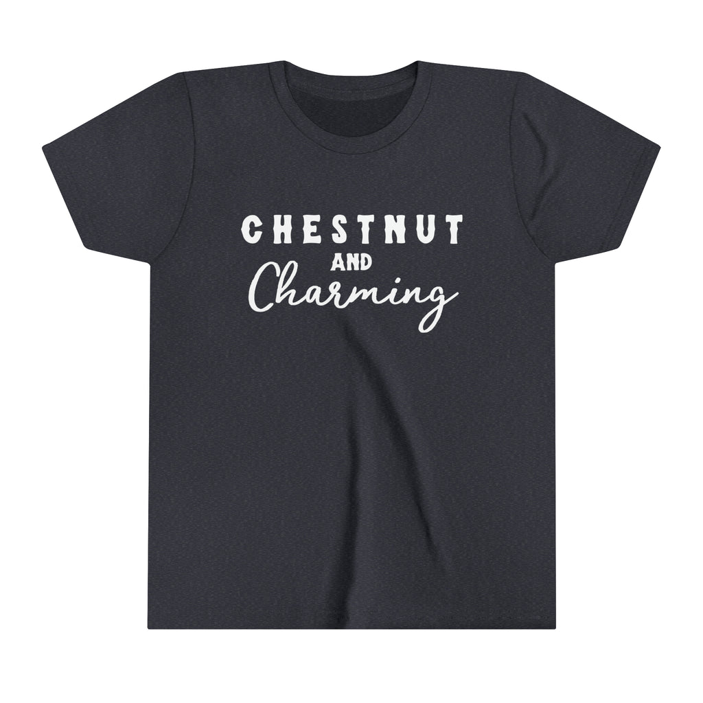 Navy youth short sleeve with white lettering reading "Chestnut and Charming". 