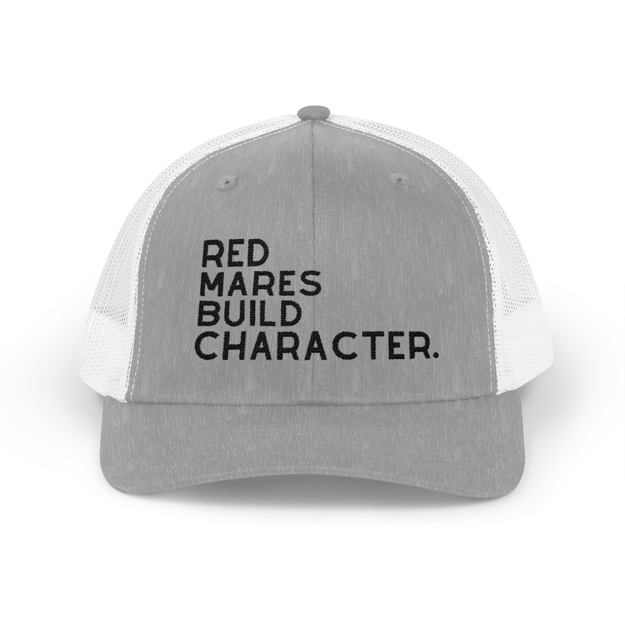 Red Mares Build Character Trucker Hat Embroidered TCC Hat The Cinchy Cowgirl - Print Heather Grey / White