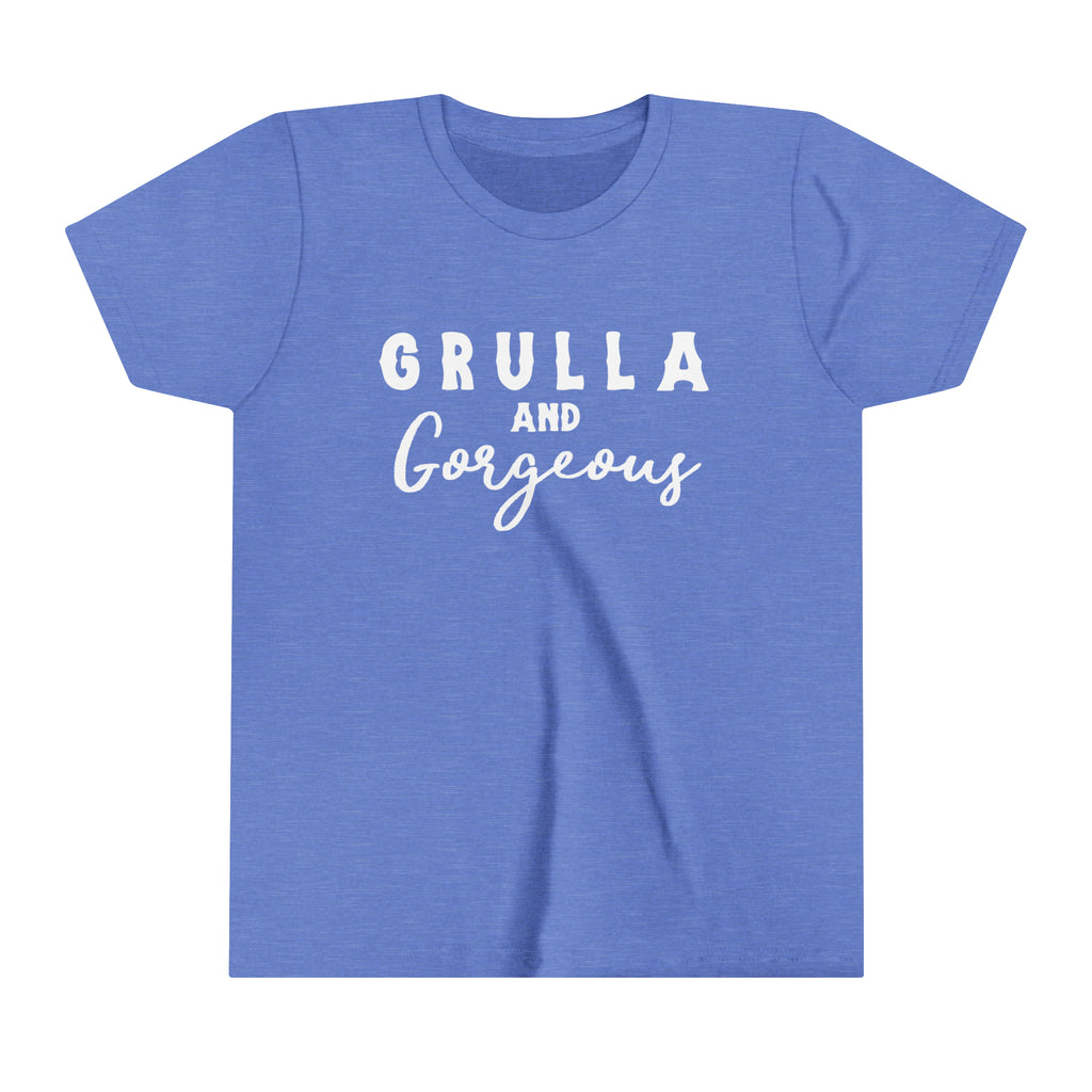 Blue youth short sleeve with white lettering reading "Grulla and Gorgeous". This tee is displayed against a white background. 