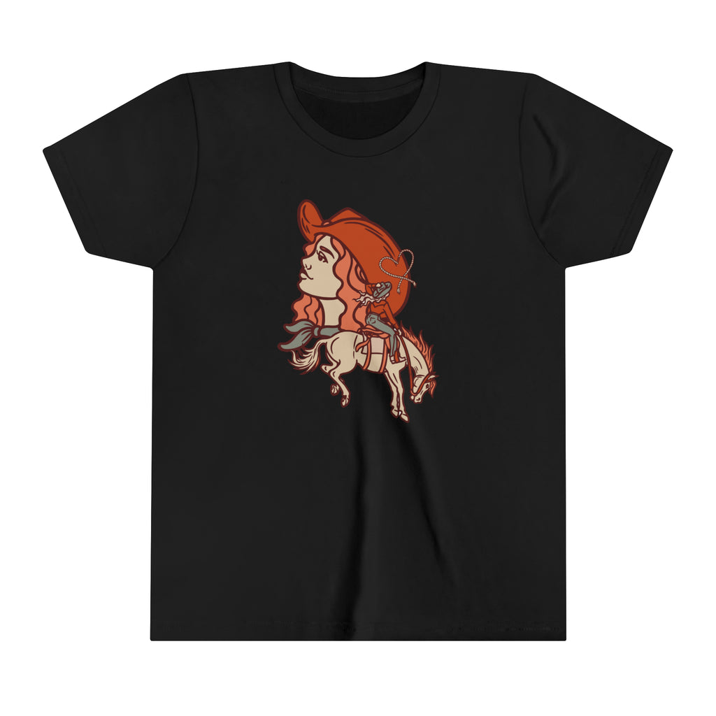 Black youth short sleeve with a cowgirl printed design and bronc horse with a cowgirl showing a cowgirl's personality. 