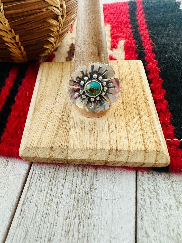 Navajo Sterling Silver & Turquoise Adjustable Flower Ring Jewelry & Watches:Ethnic, Regional & Tribal:Rings Nizhoni Traders LLC   