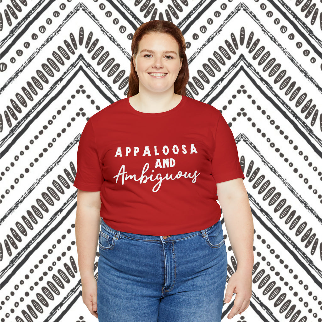 Western red plus size short sleeve with white lettering that reads "Appaloosa & Ambiguous".