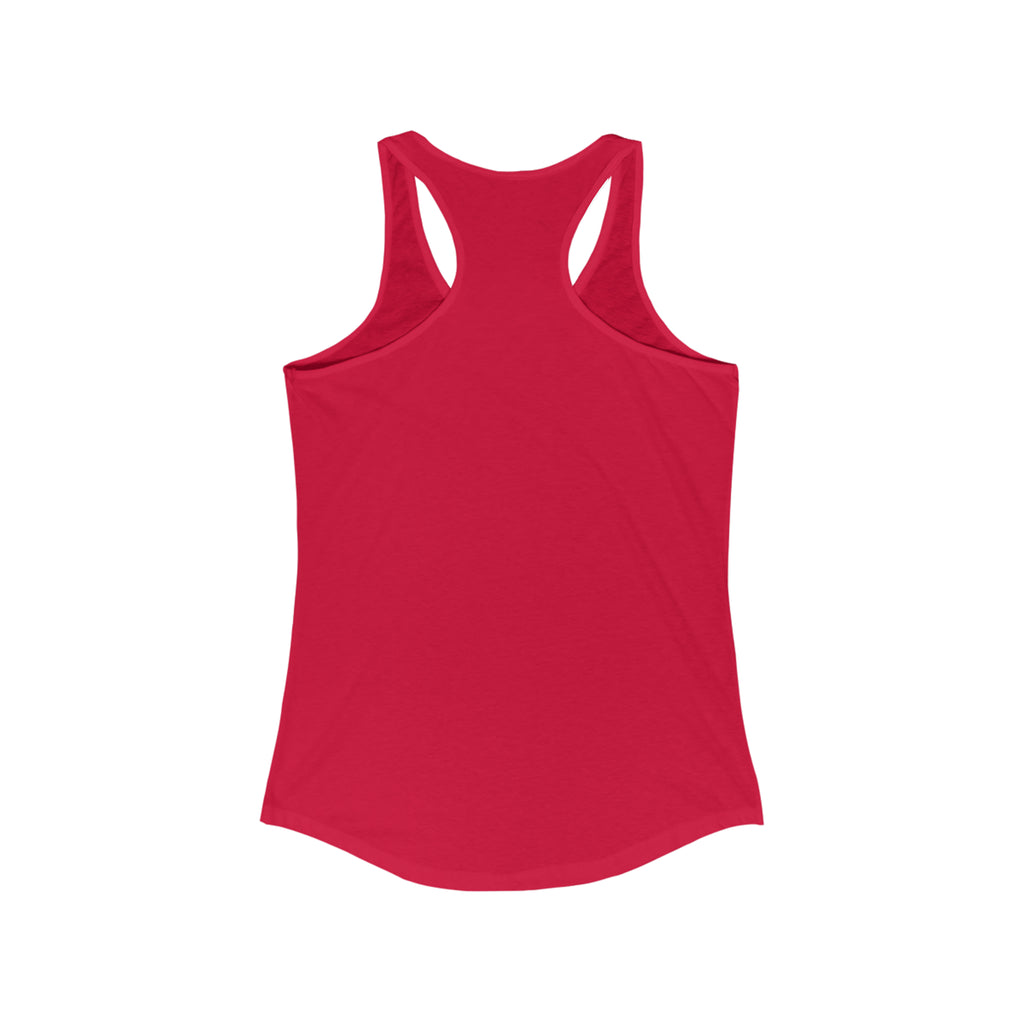 Backside of red racerback tank top. 