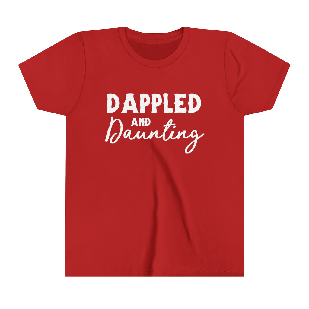 Red youth short sleeve with white lettering reading "Dappled and Daunting". 