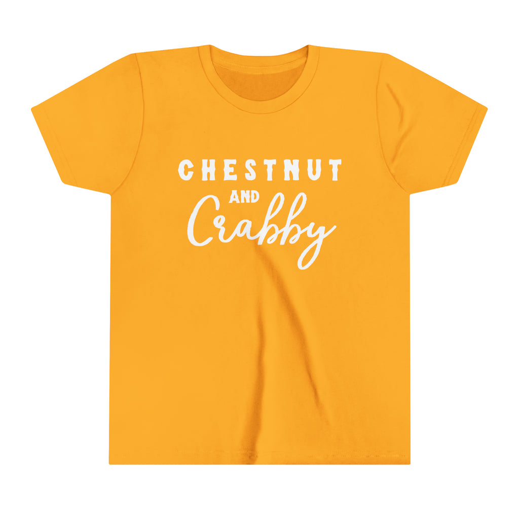 Gold youth short sleeve with white lettering reading "Chestnut and Crabby".