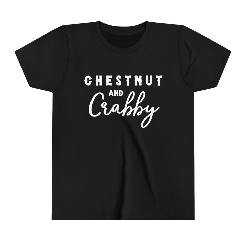 Black youth short sleeve with white lettering reading "Chestnut and Crabby".