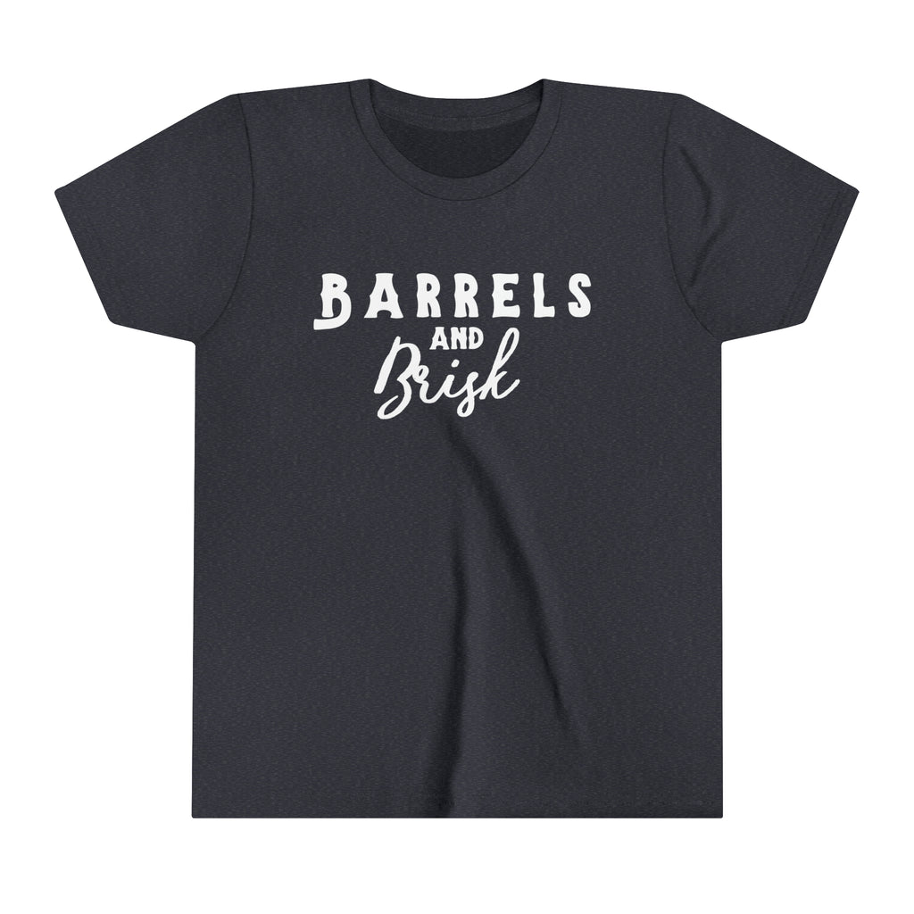 navy youth short sleeve with white lettering reading "Barrels and Brisk".