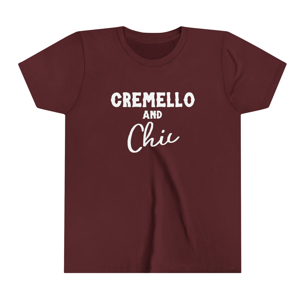 Maroon youth short sleeve with white lettering reading "Cremello and Chic".