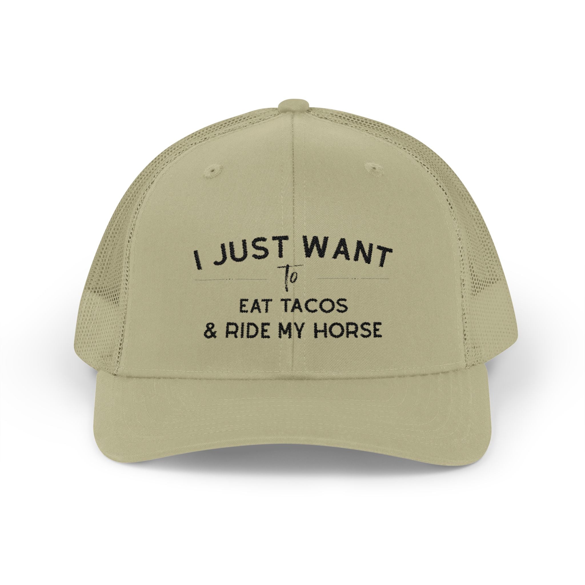 I Just Want To Eat Tacos And Ride My Horse Trucker Hat Hats The Cinchy Cowgirl - Print Khaki One size