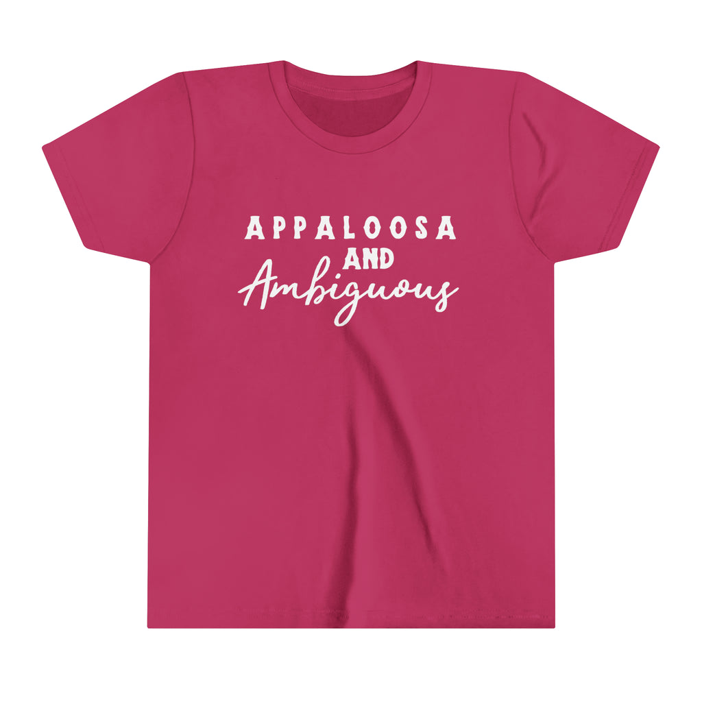 Western berry youth short sleeve with white lettering that reads "Appaloosa & Ambiguous".
