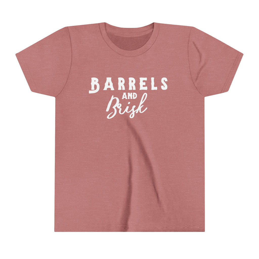 Mauve youth short sleeve with white lettering reading "Barrels and Brisk".