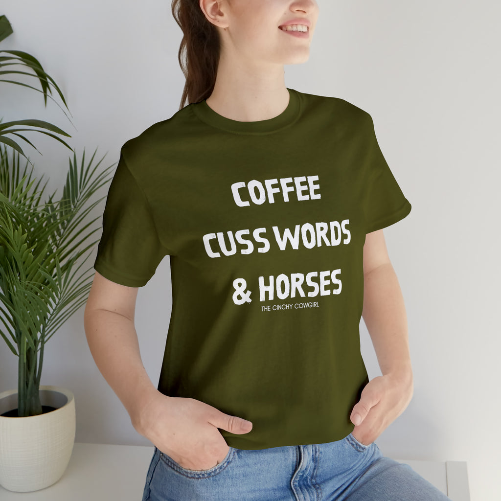 Coffee, Cuss Words, & Horses Short Sleeve Tee tcc graphic tee Printify Olive XS 