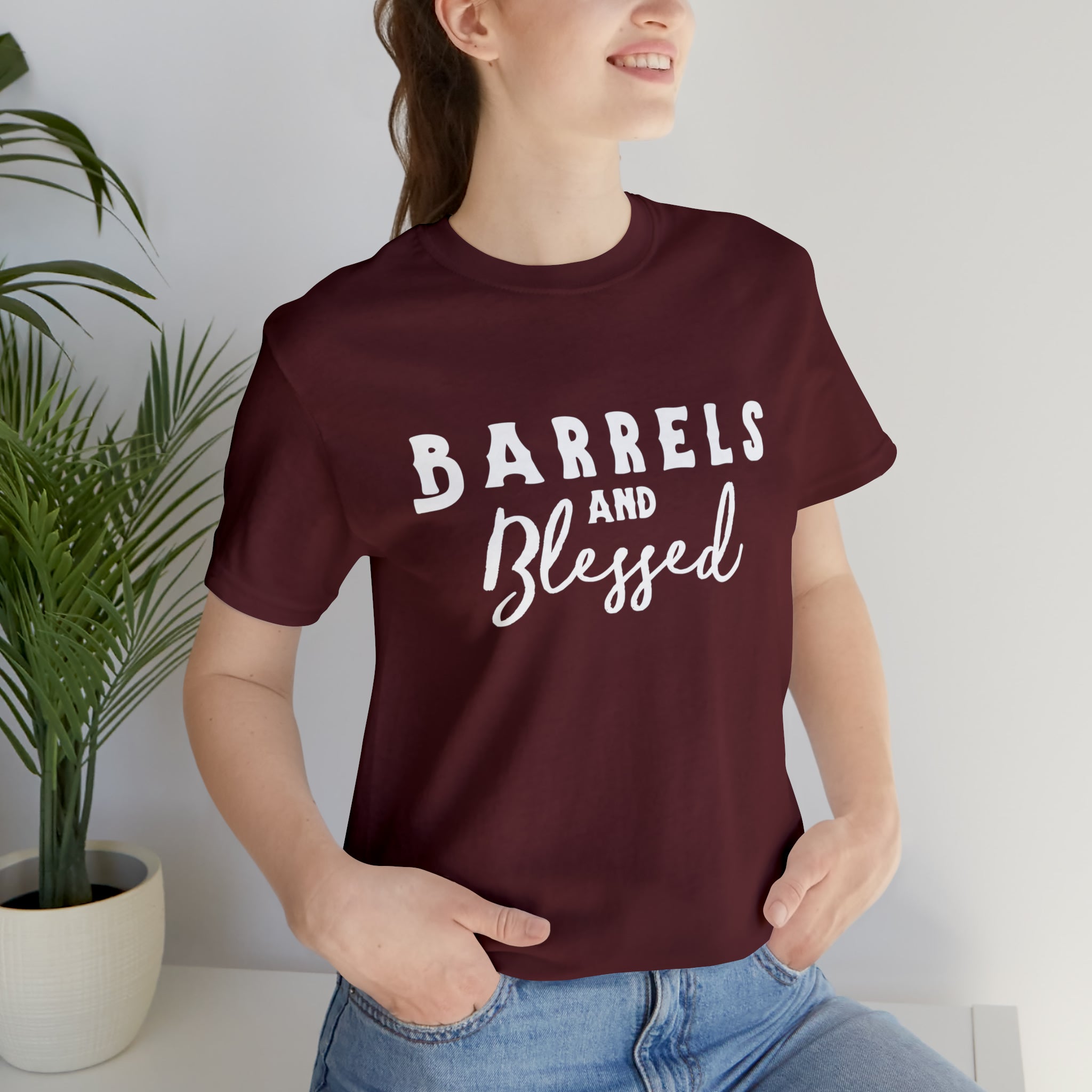 Barrels & Blessed Short Sleeve Tee Horse Riding Discipline Tee Printify Maroon XS 