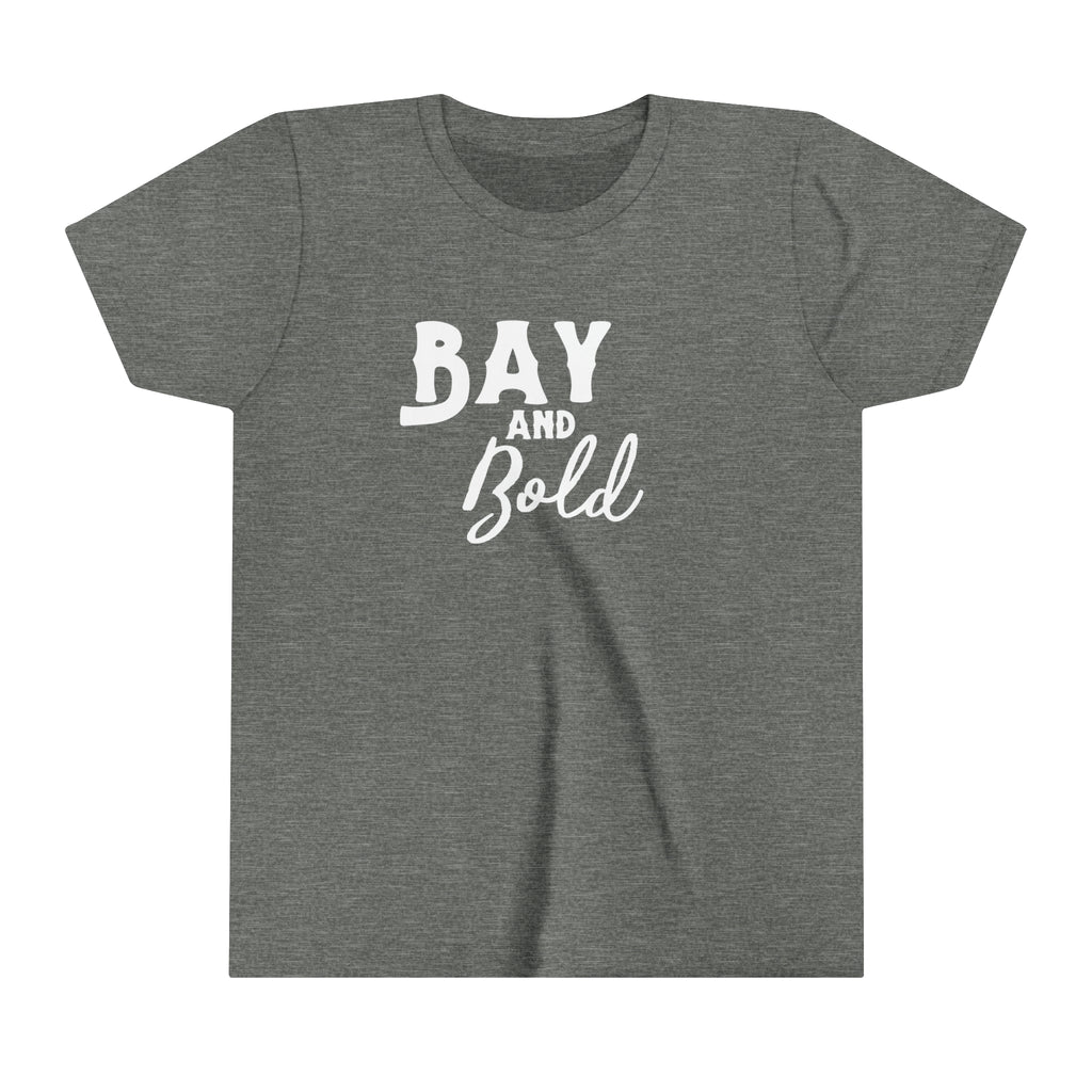 Grey youth short sleeve with white lettering reading "Bay and bold".