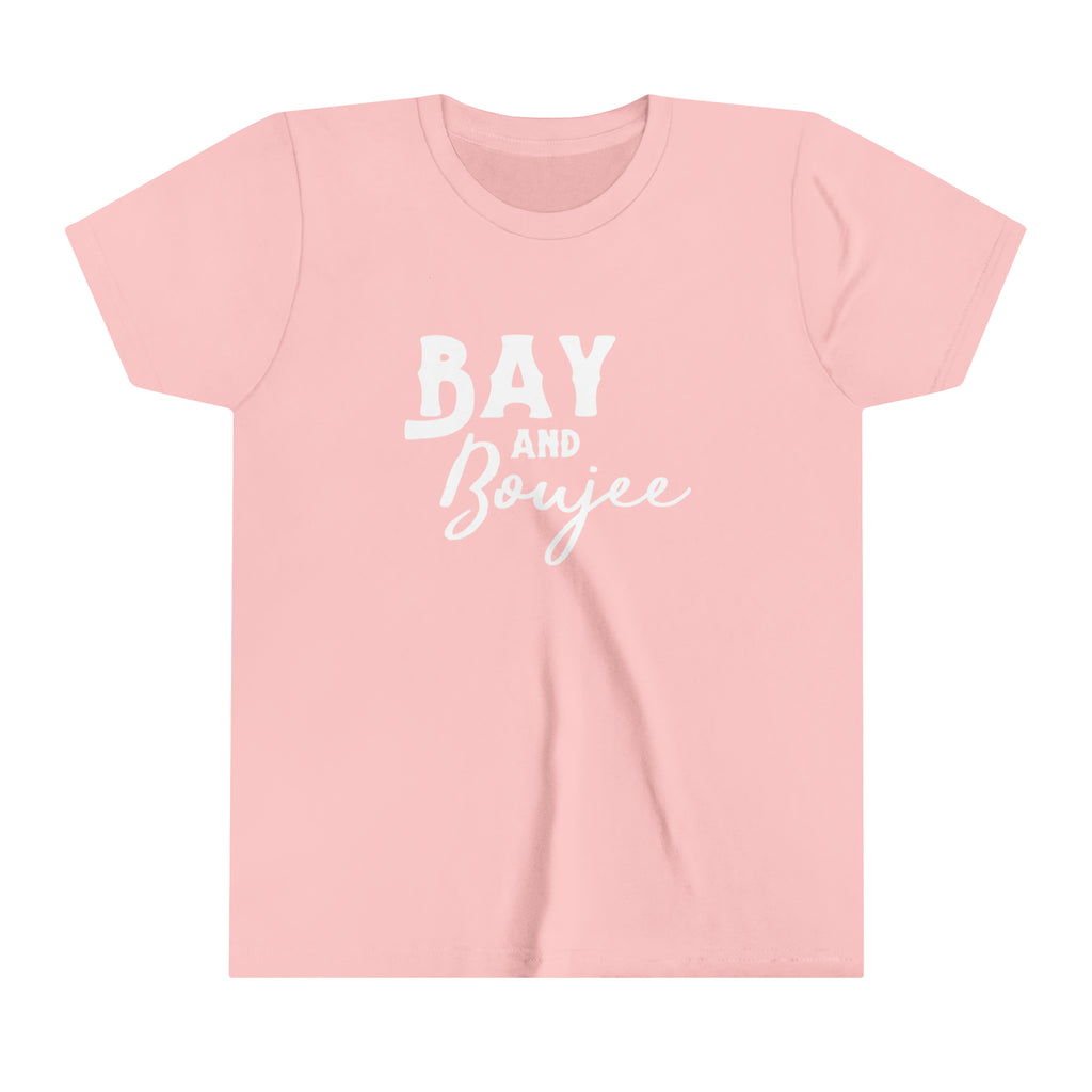 Pink youth short sleeve with white lettering that reads "Bay and Boujee".