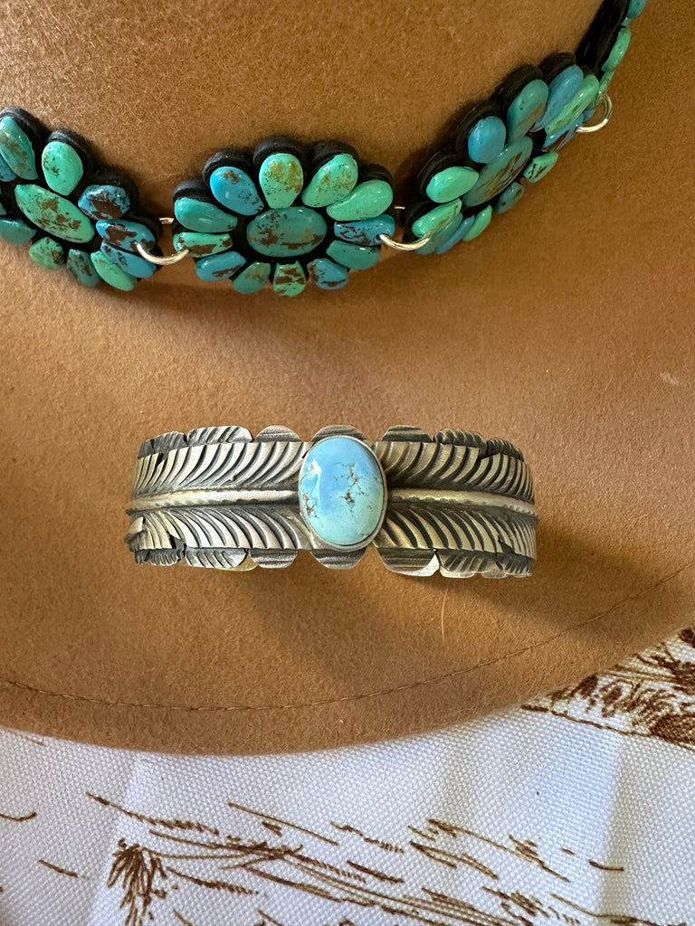 Feather on the Golden Hills Cuff Bracelet NT jewelry Nizhoni Traders LLC   
