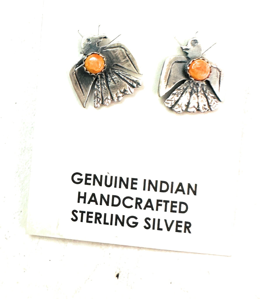 Navajo Sterling Silver & Orange Spiny Thunderbird Stud Earrings NT jewelry Nizhoni Traders LLC   