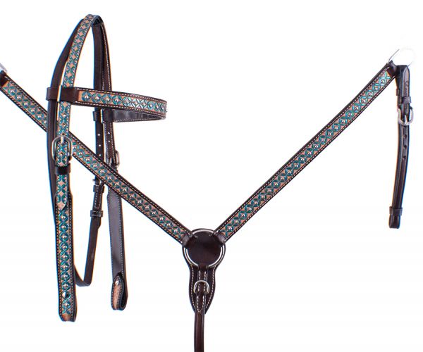 Turquoise Painted Flower & Studded Headstall Set headstall set Shiloh   