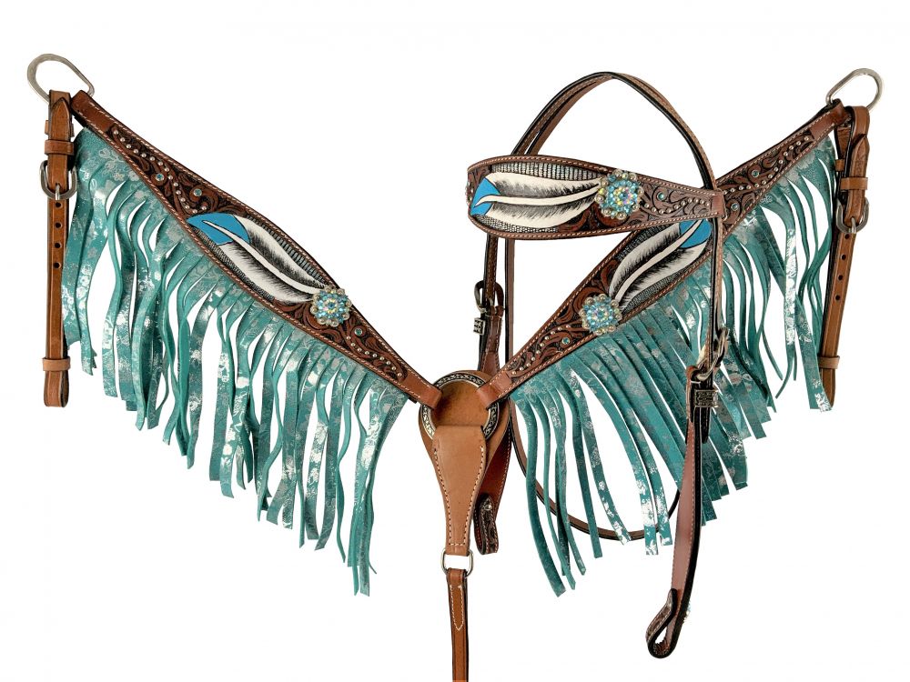 Painted Teal Feather Fringe Headstall Set headstall set Shiloh   