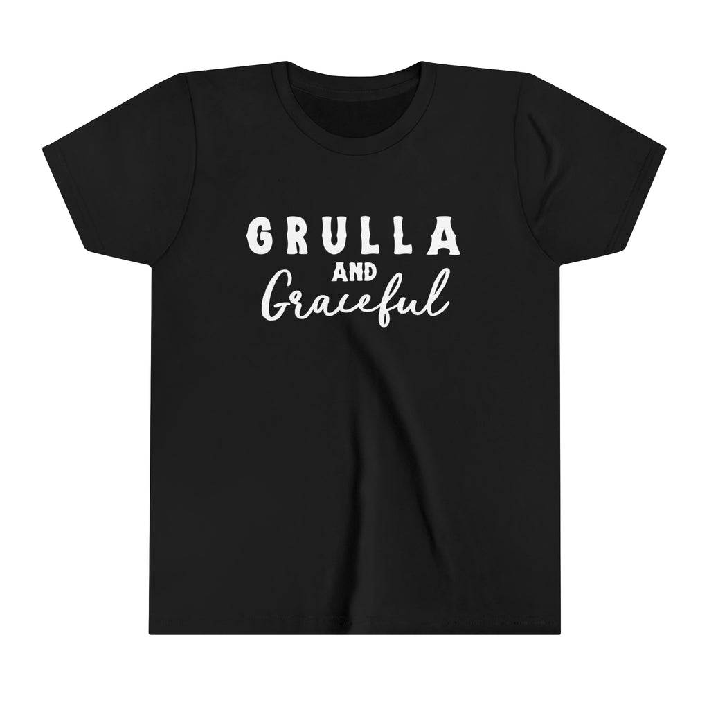Black youth short sleeve white white lettering reading "Grulla and Graceful". 